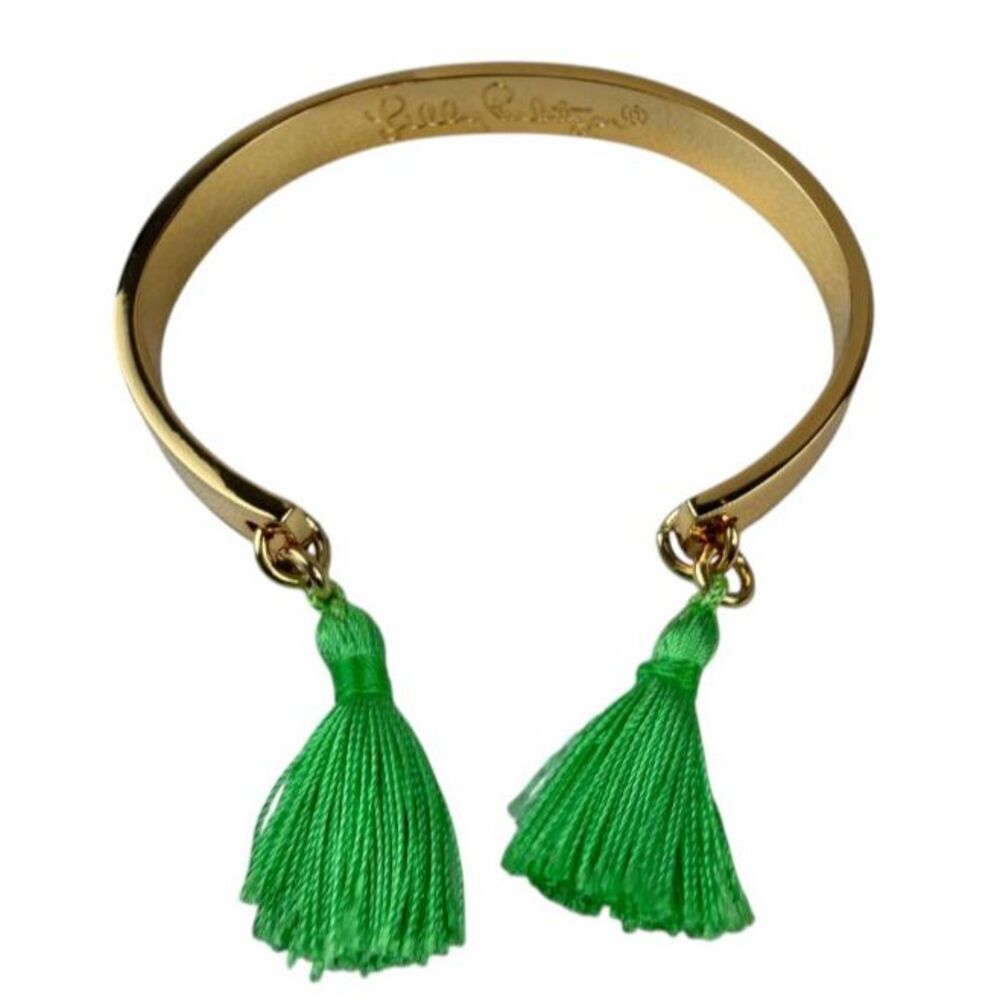 Lilly Pulitzer Bangle Gold Tone Sassy State of Mind Neon Green Tassel Open Cuff
